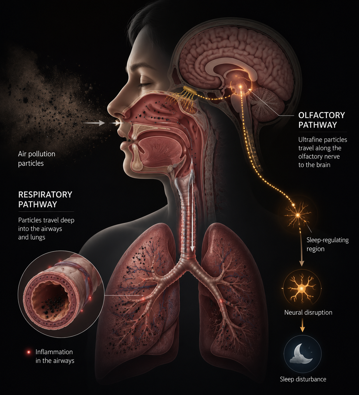 Scientific illustration of particulate matter inflaming airways and ultrafine particles traveling toward sleep-regulating brain regions