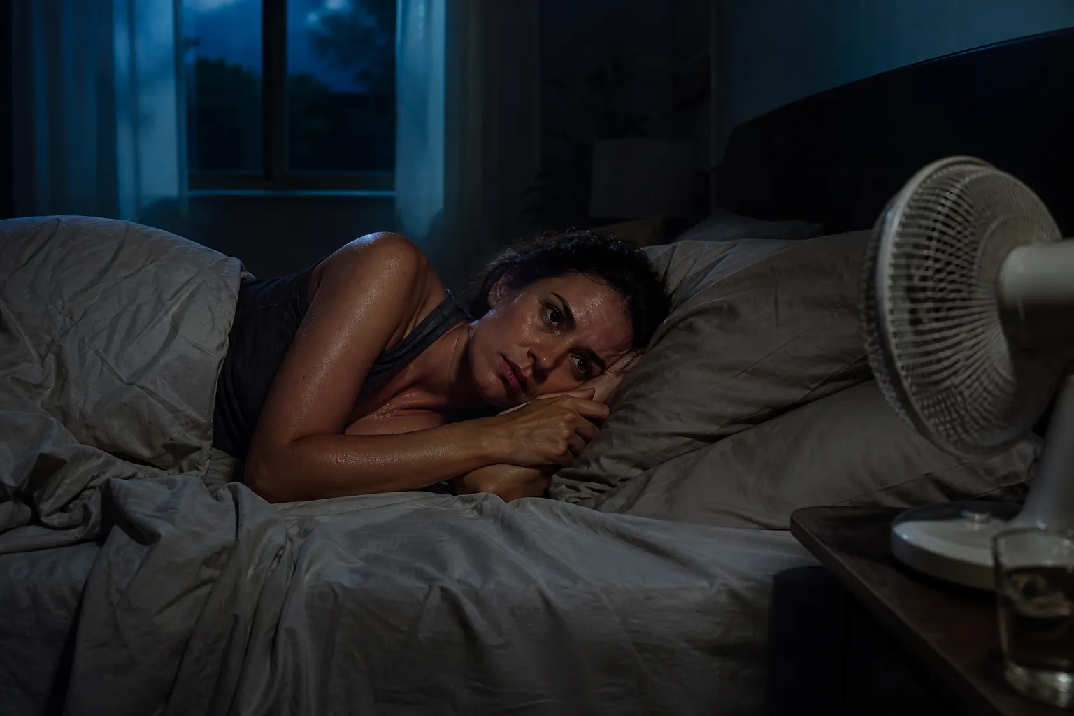 Person lying awake in a warm bedroom with rumpled sheets and a small fan nearby