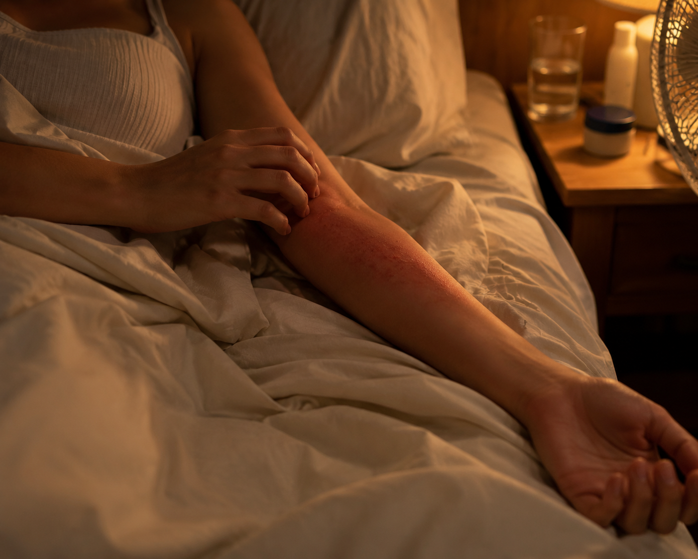 A restless person in a dim summer bedroom with a visible red rash on the forearm, a nearby fan, and tangled sheets