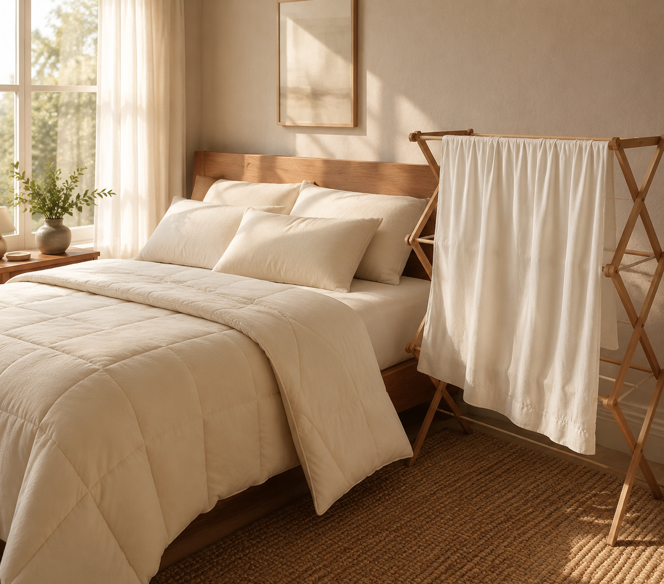 Calm bedroom with cream merino wool bedding and a wool sheet air-drying on a wooden rack