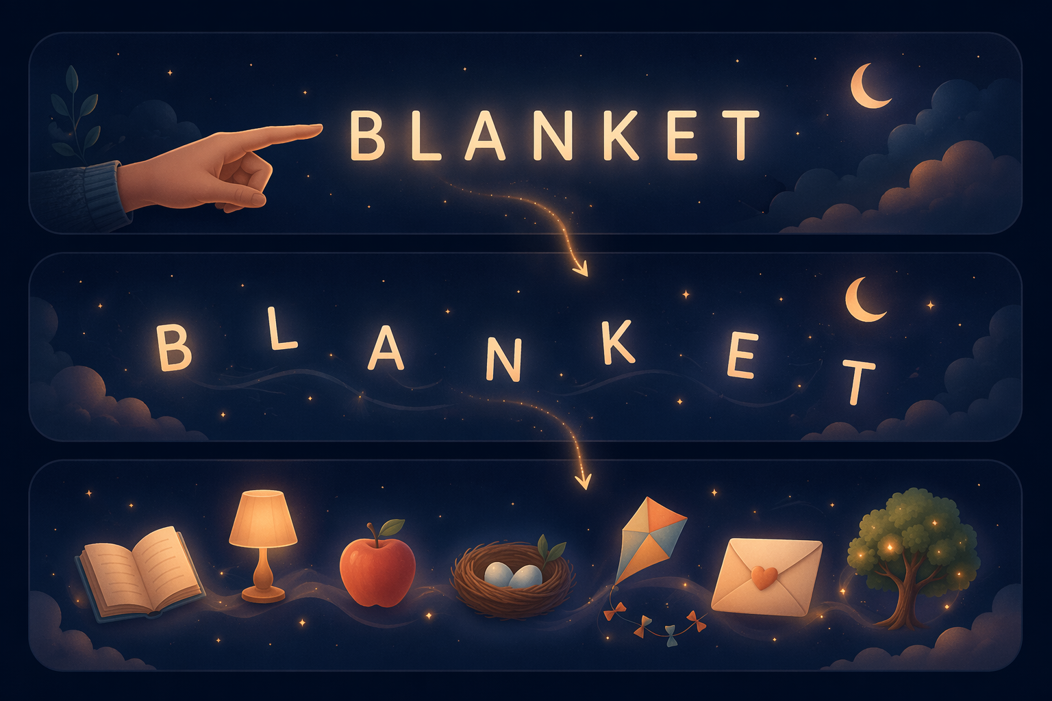 A three-step visual sequence showing the cognitive shuffling technique. Step 1 shows the word 'BLANKET' in soft typography. Step 2 shows the letters B-L-A-N-K-E-T separating into individual floating letters. Step 3 shows each letter transforming into a simple colored object: book, lamp, apple, nest, kite, envelope, and tree.