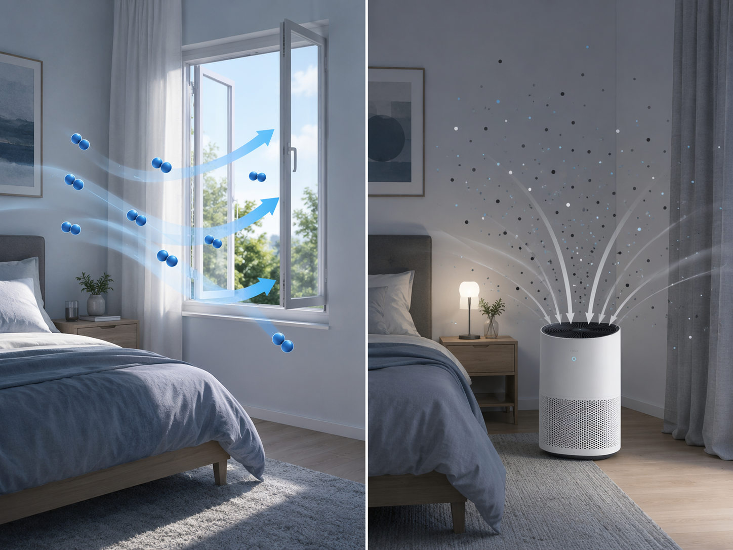 Split bedroom illustration comparing ventilation for CO2 with filtration for fine particles