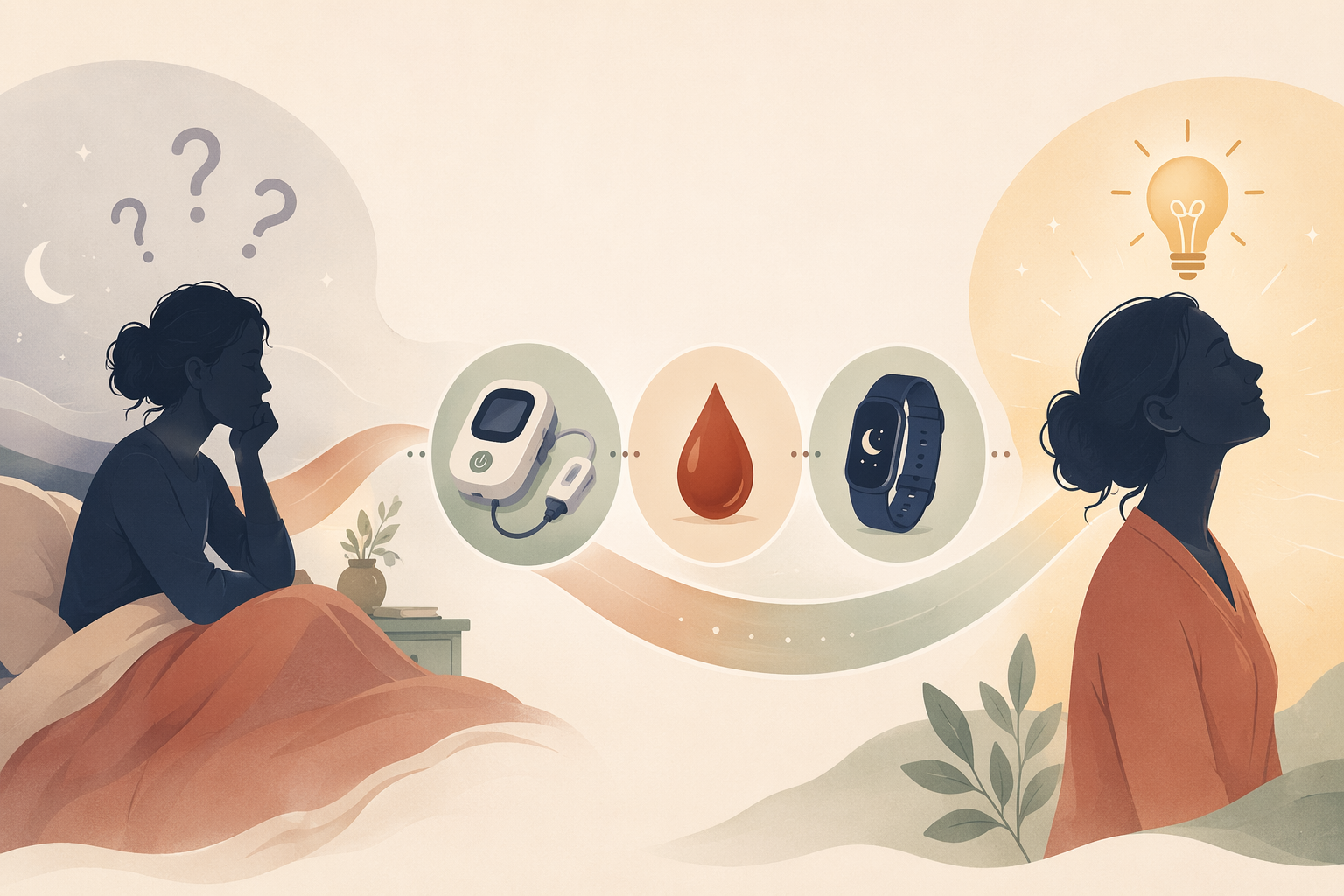 A left-to-right flowing editorial illustration showing a diagnostic pathway: on the left, a woman silhouette in bed with gray question marks above her head; in the center, three icons for home sleep testing device, blood drop for ferritin test, and wrist actigraphy device in warm muted tones; on the right, the same woman silhouette with a soft gold clarity symbol above her head.