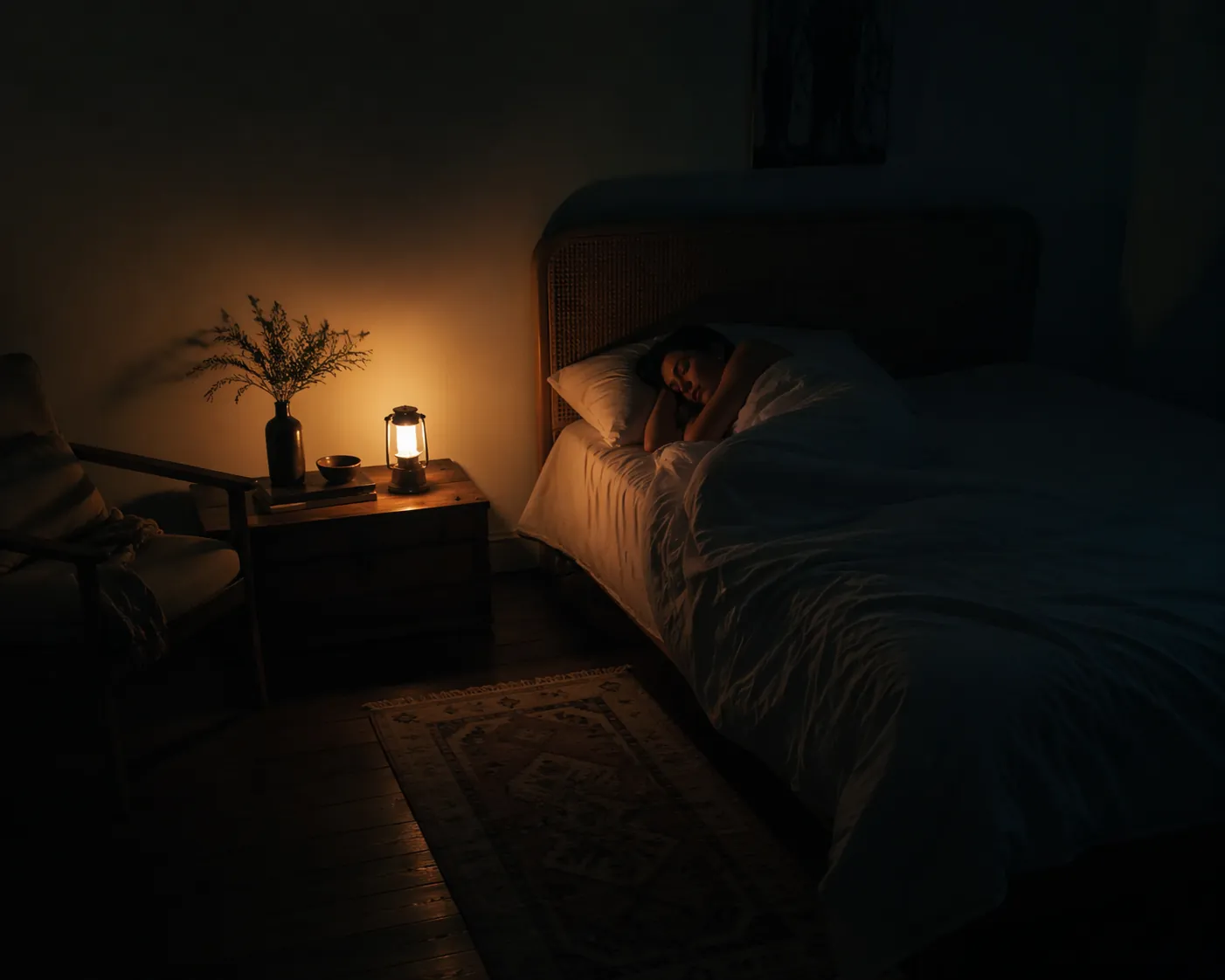 A dimly lit bedroom during a power outage with a person resting under a light sheet and a warm LED lantern on the nightstand
