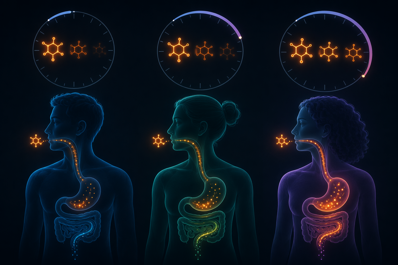 Three people showing different caffeine persistence timelines and metabolic patterns