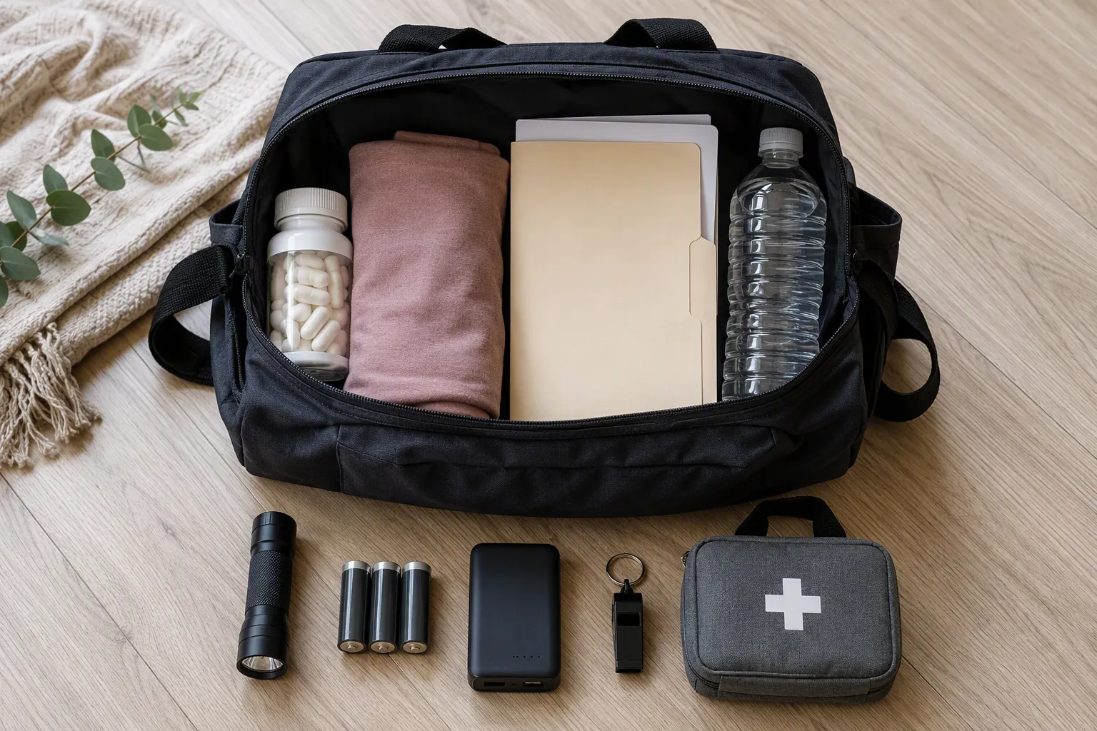 Pregnancy-specific tornado go-bag with prenatal vitamins, records, water, flashlight, batteries, charger, whistle, and first-aid kit