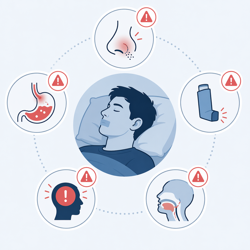 Warning icons for blocked nose, reflux, asthma, panic, and severe sleep apnea