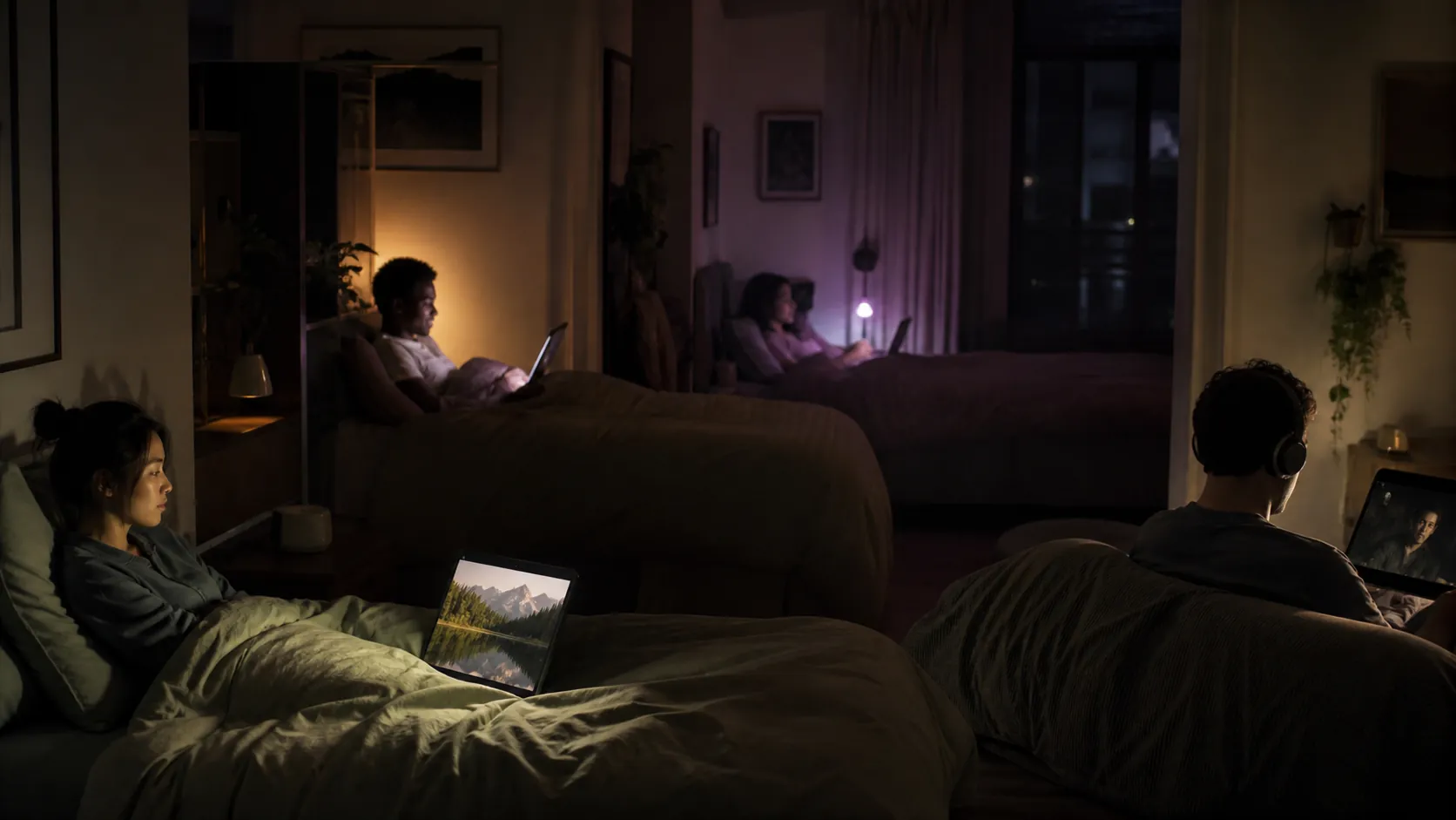 Several people in separate beds watching different gentle shows in a dim bedroom setting