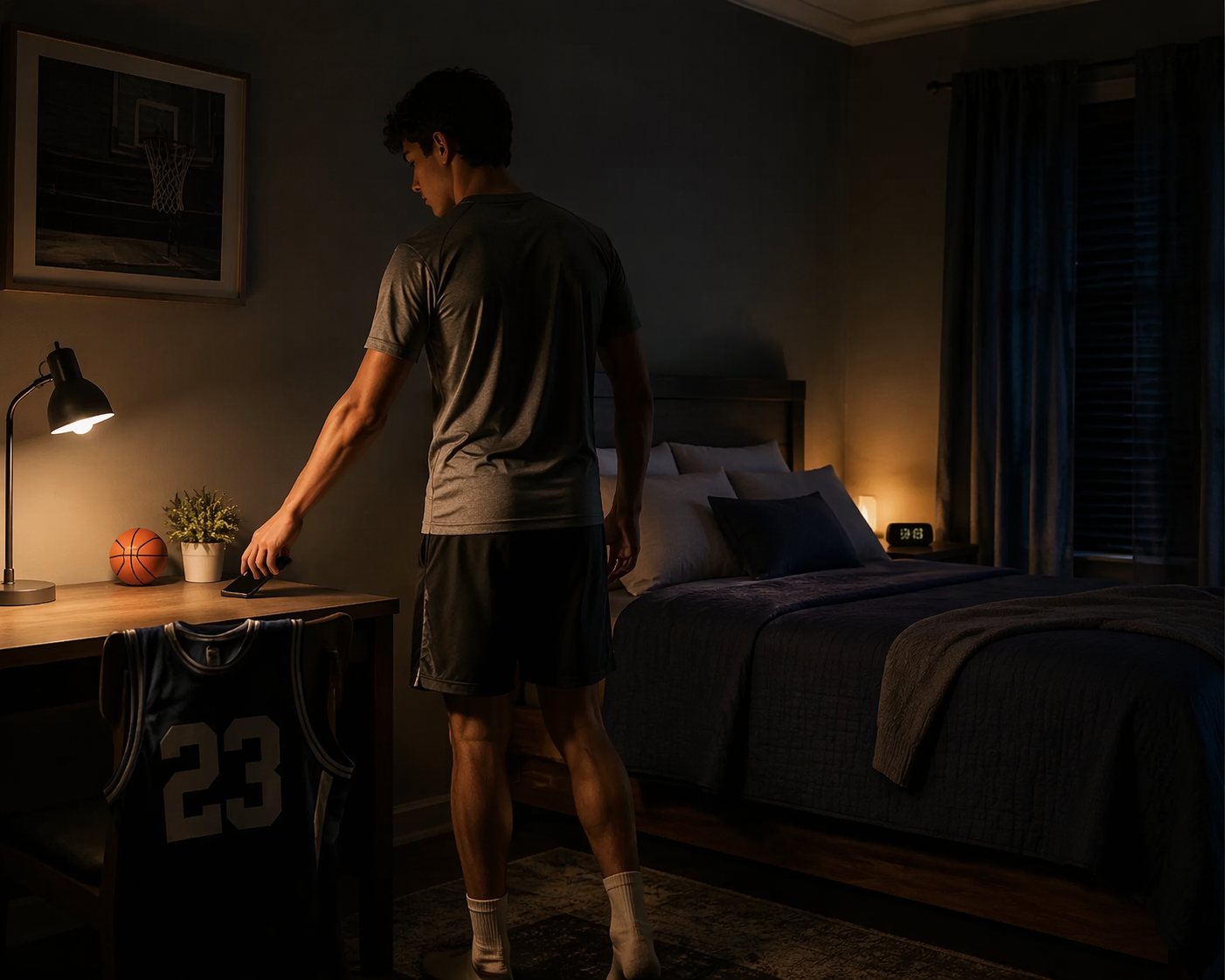 Young athlete placing a phone face-down away from the bed before sleep