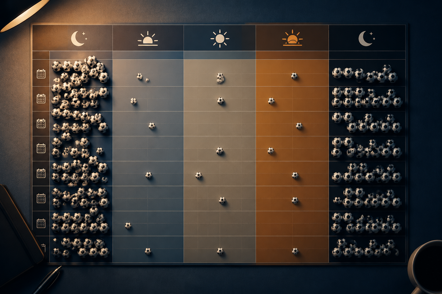 Calendar visualization showing many soccer markers clustered between midnight and 5 AM across the tournament