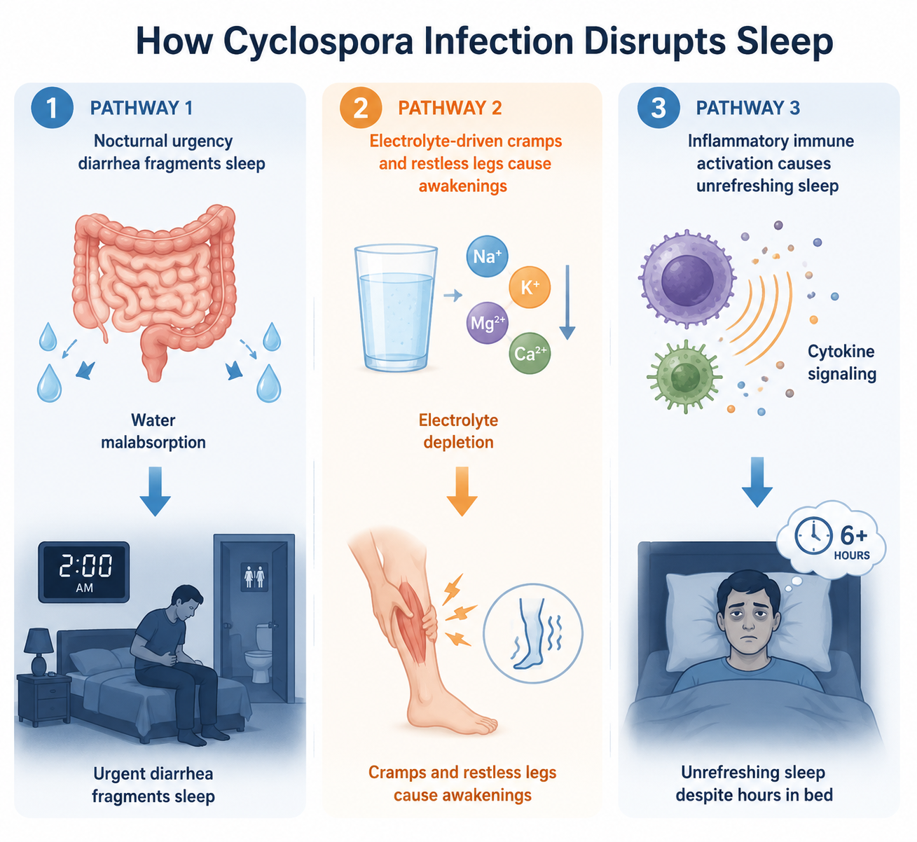 Diagram showing nocturnal diarrhea, electrolyte-driven cramps, and immune activation as three pathways disrupting sleep during cyclospora recovery
