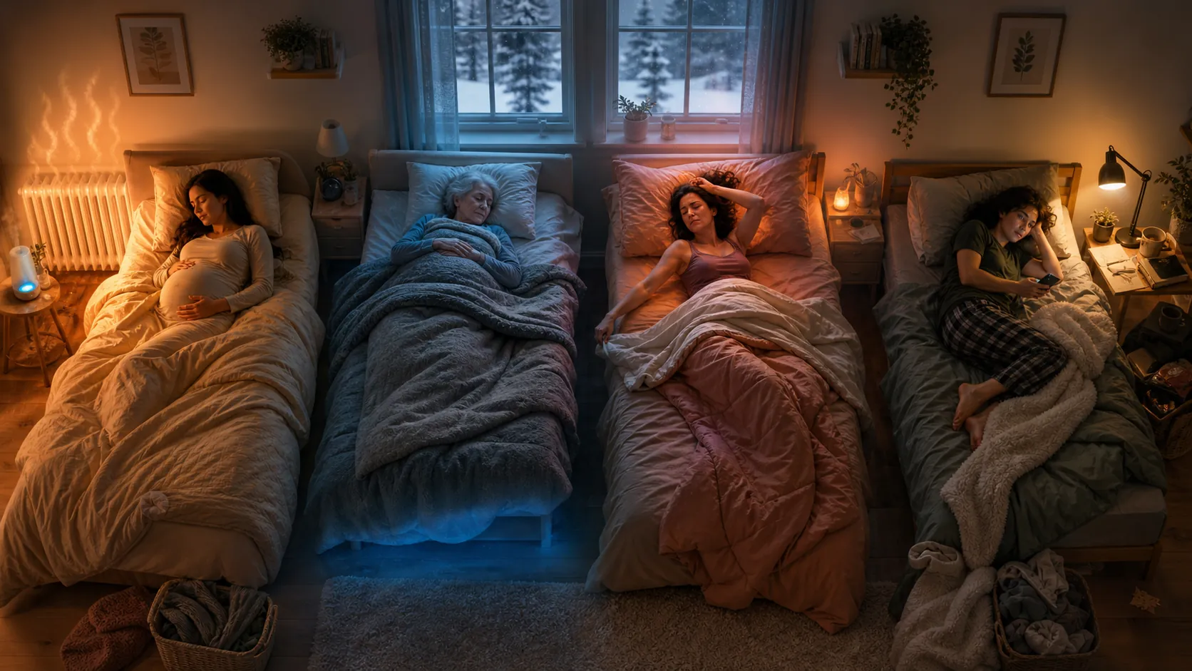 Winter bedroom vignettes showing different thermal sleep challenges for pregnancy, older adulthood, perimenopause, and ADHD