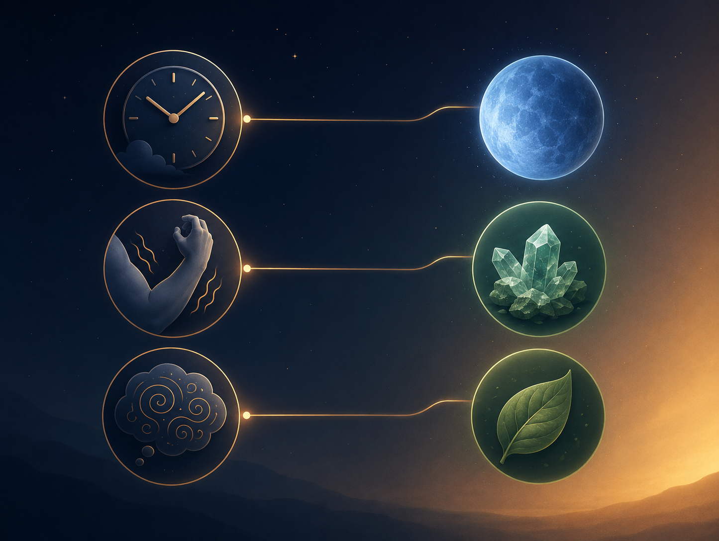Infographic linking circadian timing, physical tension, and anxious rumination to melatonin, magnesium, and L-theanine