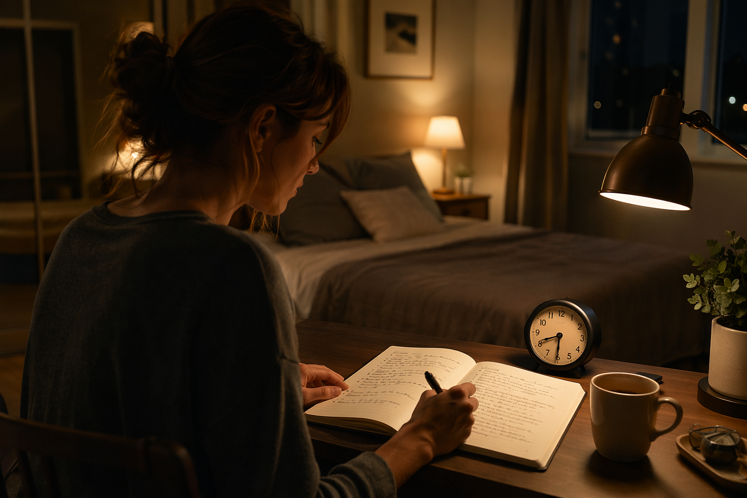 A person writing worries and next steps in a notebook during a calm pre-bedtime hour