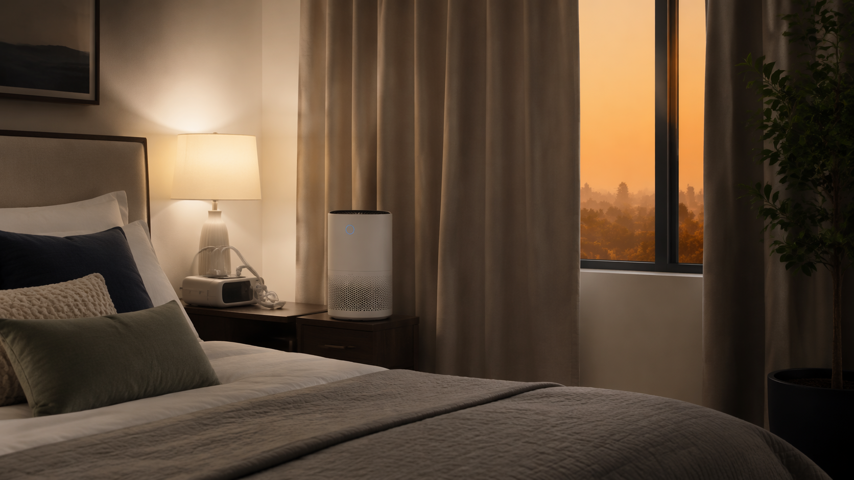 A calm bedroom prepared for wildfire smoke with a HEPA purifier, closed windows, curtains, and a CPAP machine