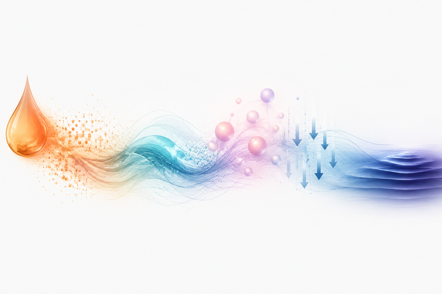An abstract chain reaction moves from a teardrop through waves and calming lines toward rest