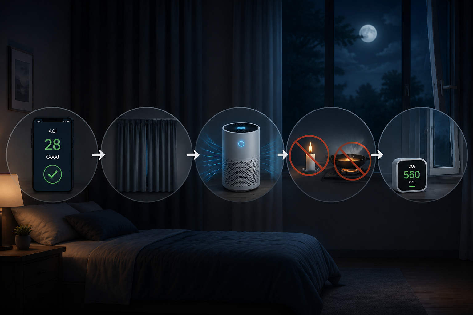 Evening protocol showing AQI check, closed window, purifier, no combustion, and CO2 monitoring