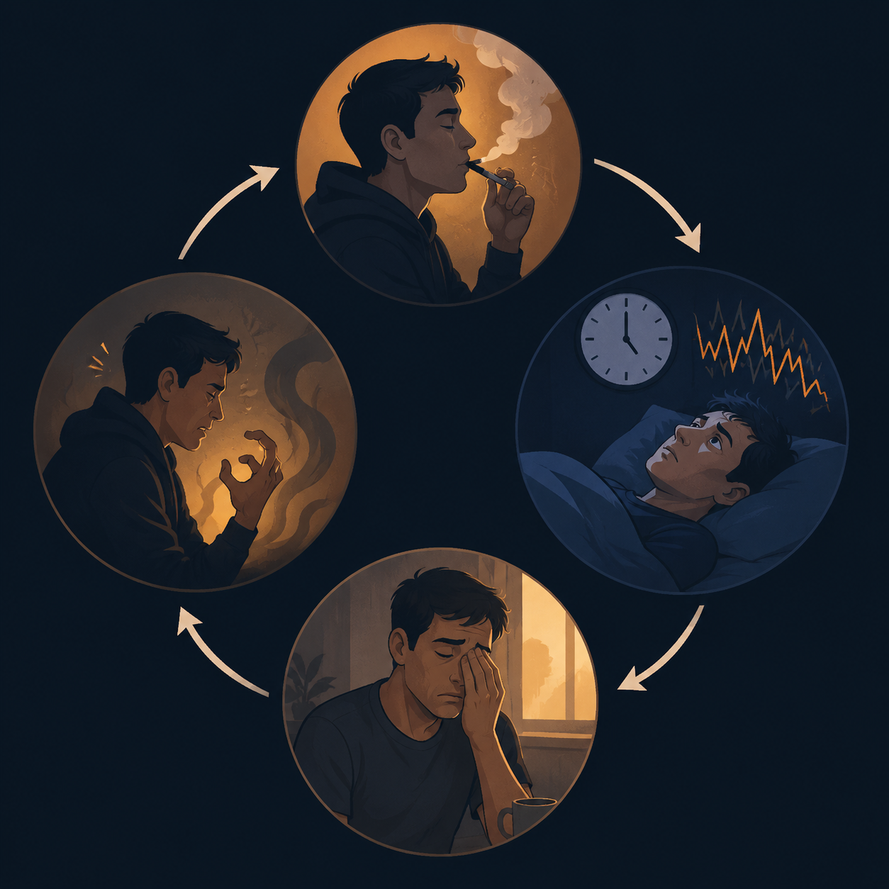 Closed-loop diagram showing smoking, restless sleep, morning fatigue, and intensified cravings connected by arrows