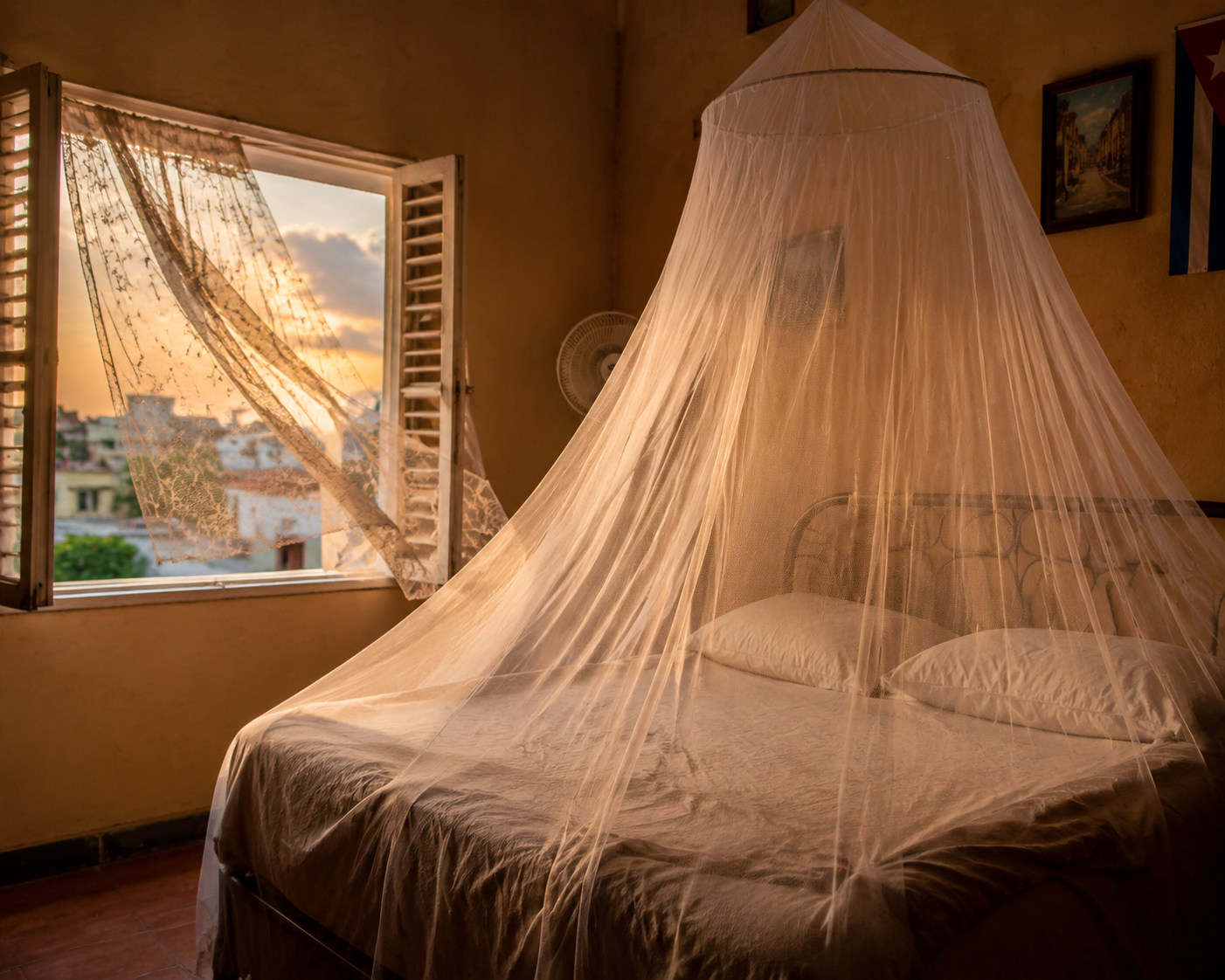 Mosquito net draped over a bed beside an open window at dusk