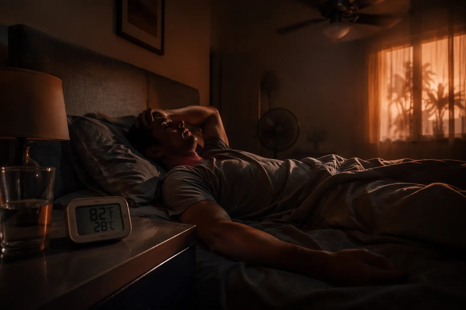 A hot bedroom at night with a thermometer reading 82°F, a restless sleeper, and a ceiling fan overhead