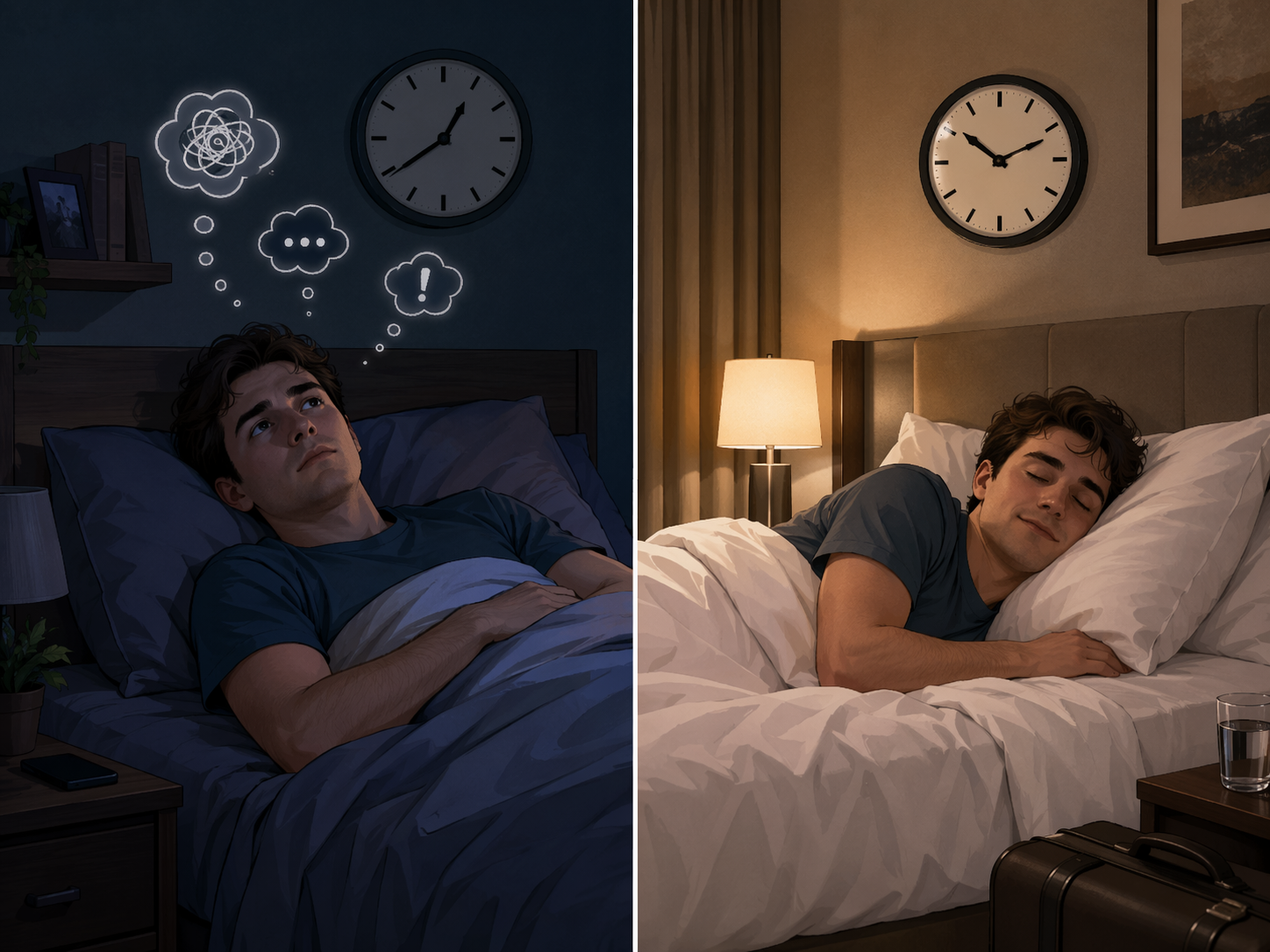 Comparison of lying awake at home and sleeping more easily in a hotel room