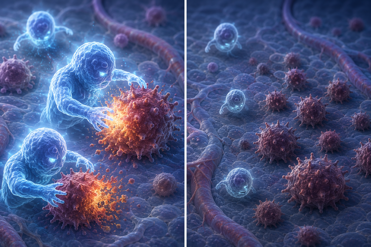 Comparison of active natural killer cells and weakened natural killer cells near abnormal cells