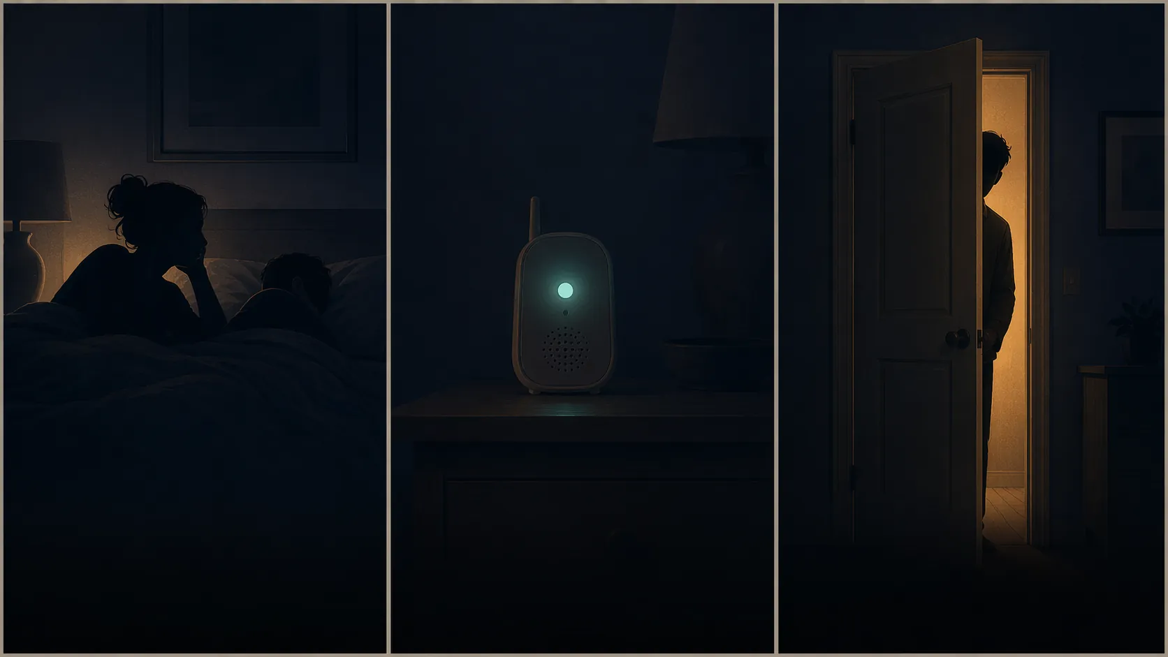 Three-panel illustration of co-sleeping, a bedside monitor, and a partly open bedroom door showing the nighttime monitoring dilemma