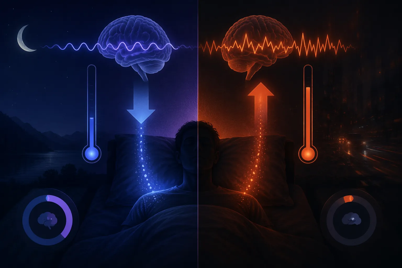 Illustration of a sleeper’s cooling system, with one side showing calm cool sleep and the other showing heat, fragmented sleep, and reduced deep sleep