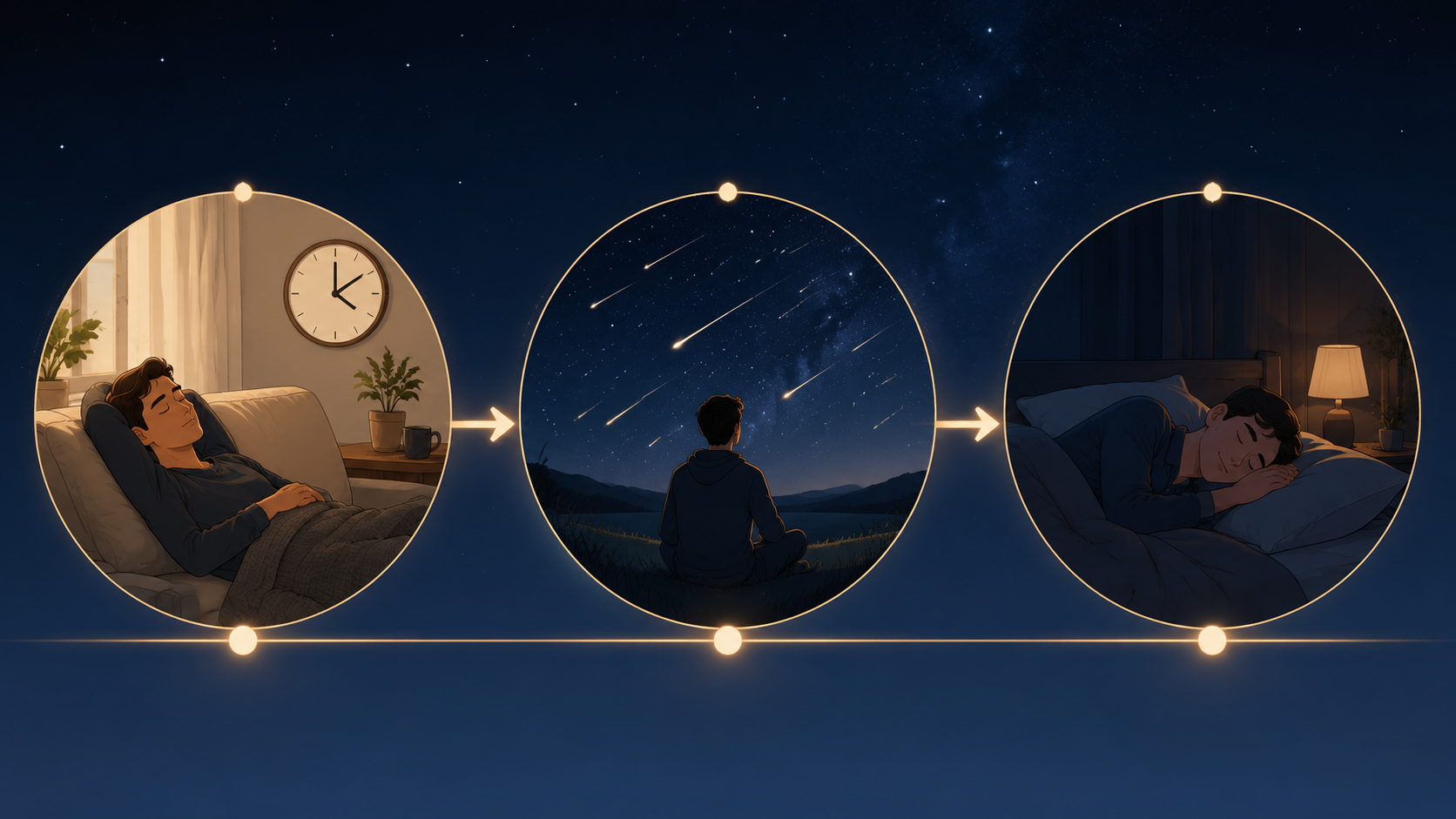 Three-panel timeline showing a nap before 3 PM, meteor viewing under a dark sky, and recovery sleep afterward