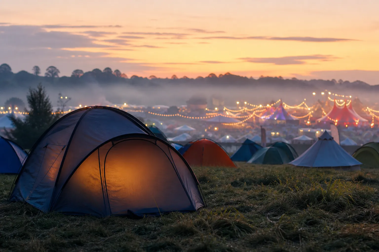 A quiet tent glowing at dawn in a festival campsite