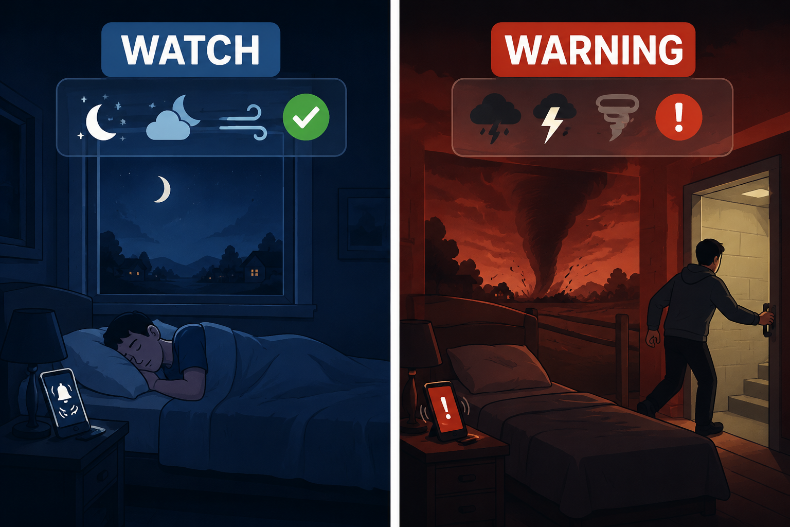 A split illustration showing a calm bedroom during a tornado watch and a person moving toward interior shelter during a tornado warning.