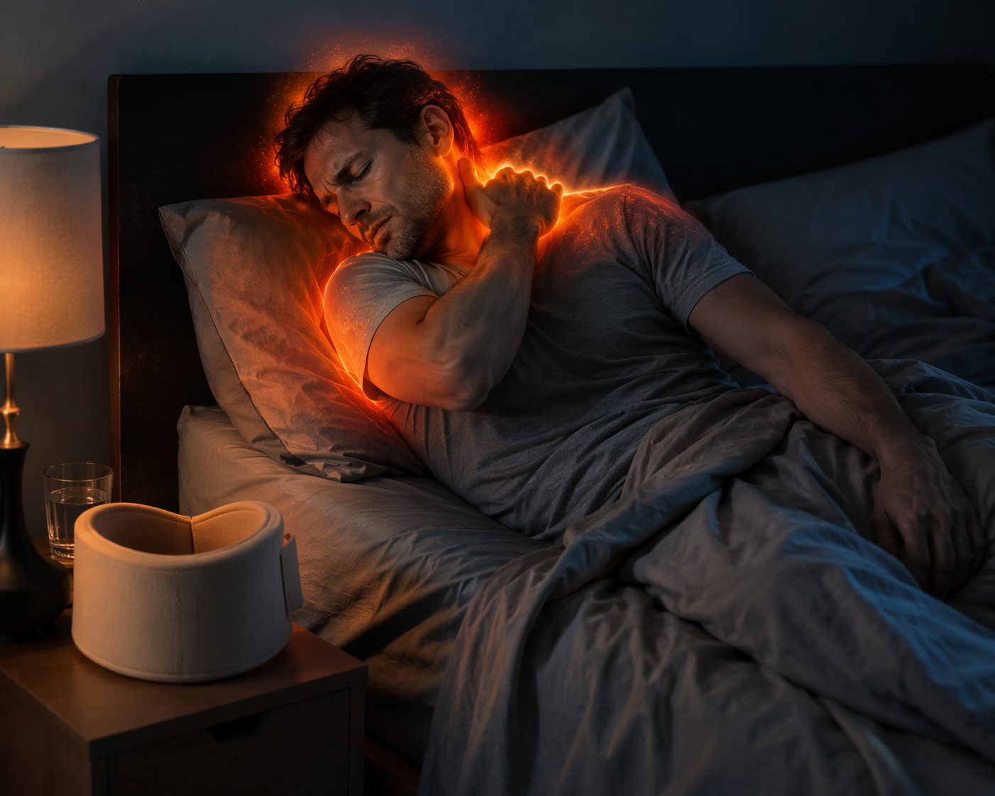 Person lying awake with neck and shoulder pain after a car accident, with a soft cervical collar on the bedside table