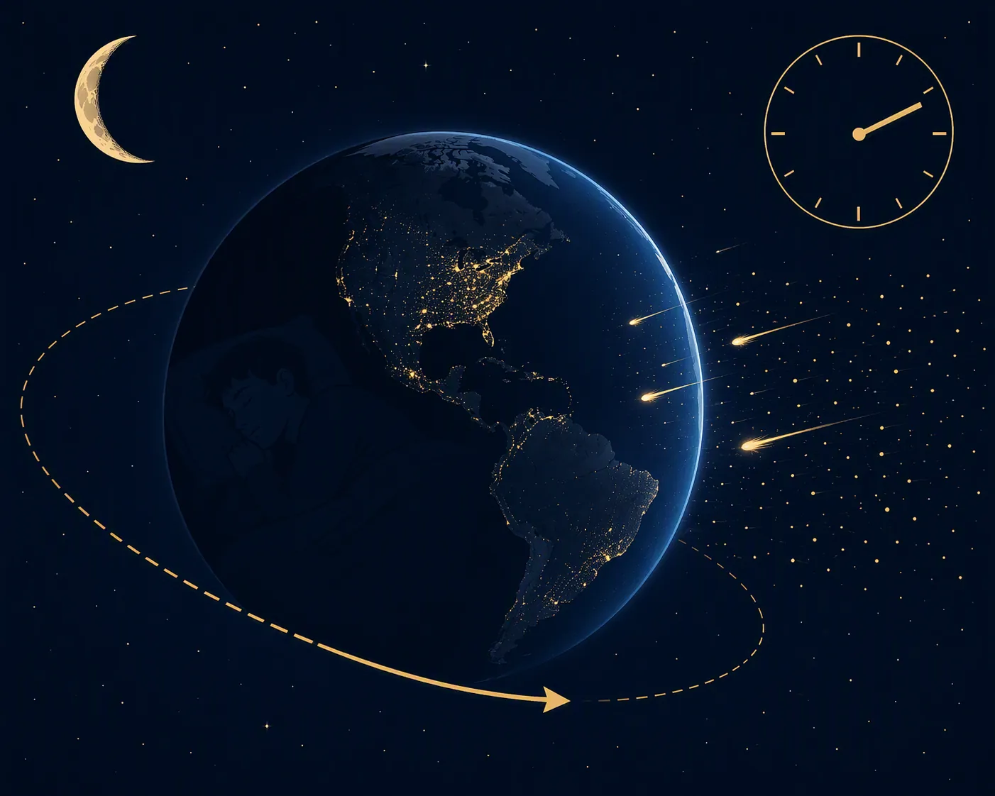 Diagram of Earth at night showing meteor particles approaching the leading orbital face near 2 a.m.