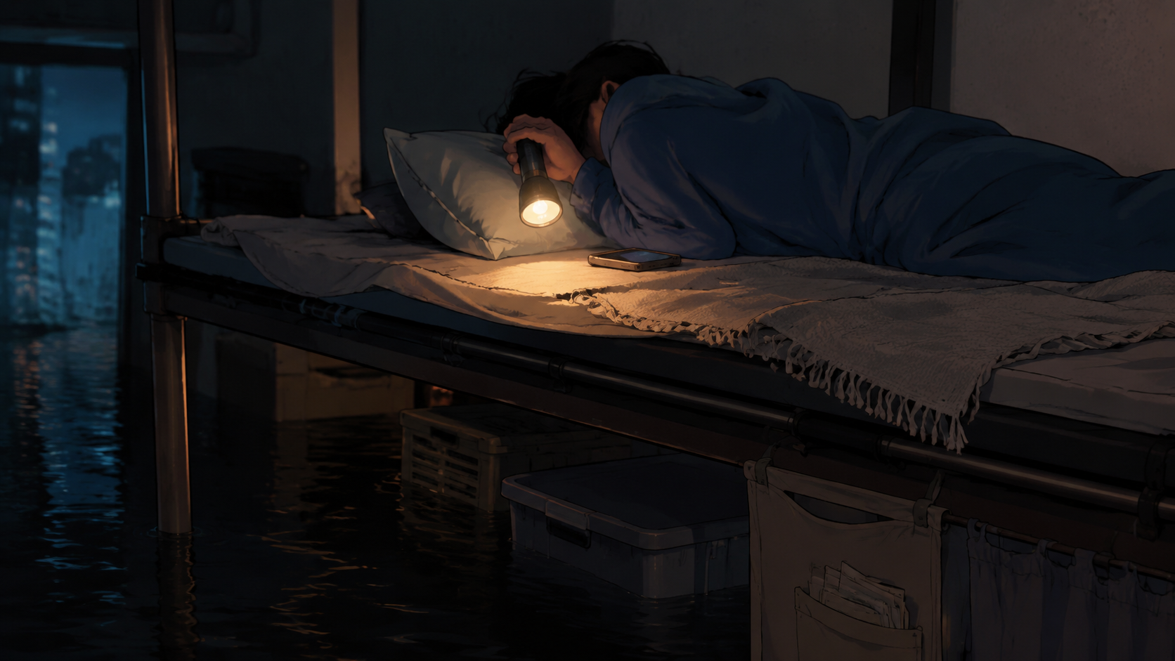 Person resting on an elevated sleeping surface above dark indoor floodwater with a flashlight and phone nearby