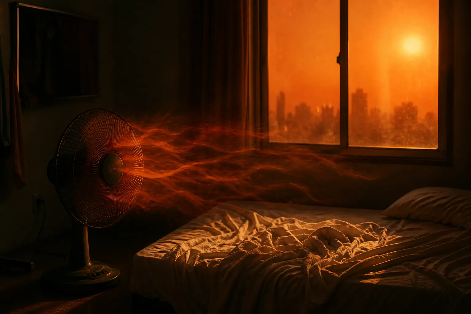 A hot bedroom at night with a standing fan blowing heat near a bed during a heatwave