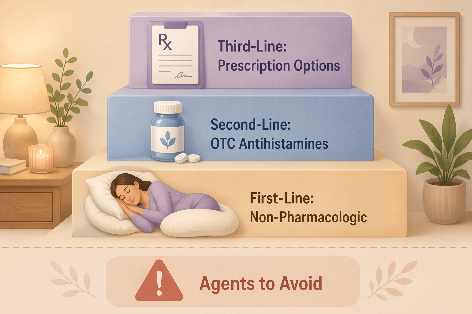 A 3-step ascending editorial infographic ladder showing a pregnancy insomnia treatment hierarchy: first-line non-pharmacologic, second-line OTC antihistamines, third-line prescription options, and a separated lower caution zone labeled 'Agents to Avoid'.