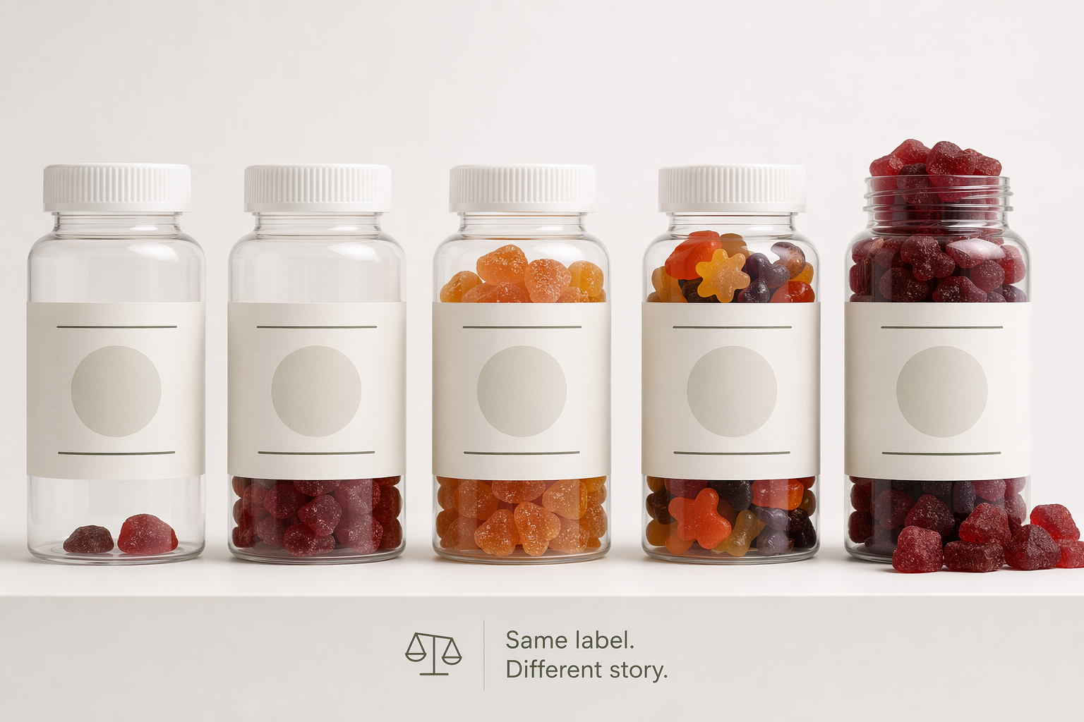 Supplement bottles and gummy jars with inconsistent contents illustrating labeling inaccuracy
