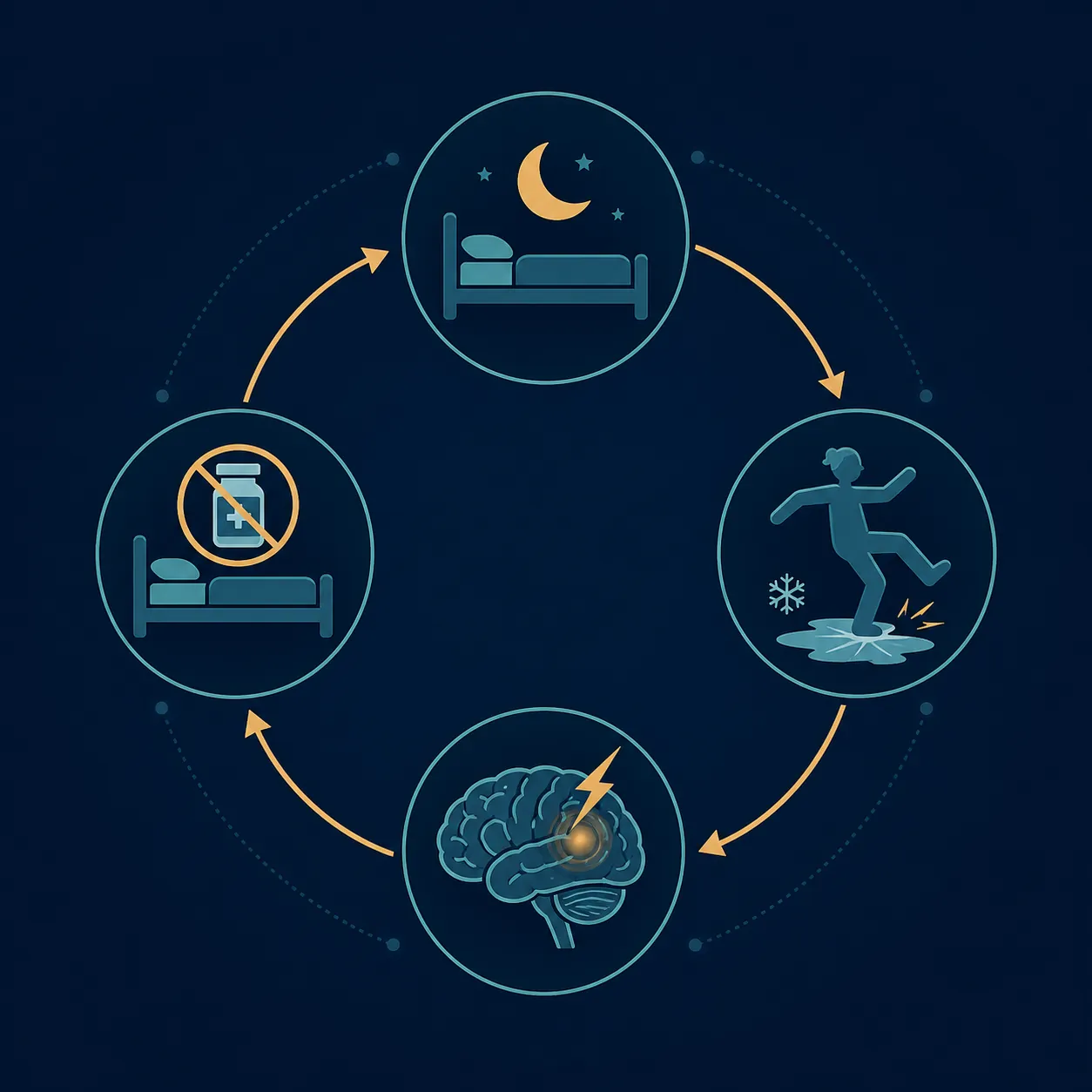 Cycle connecting sleep disruption, fall risk, TBI, and constrained medication options
