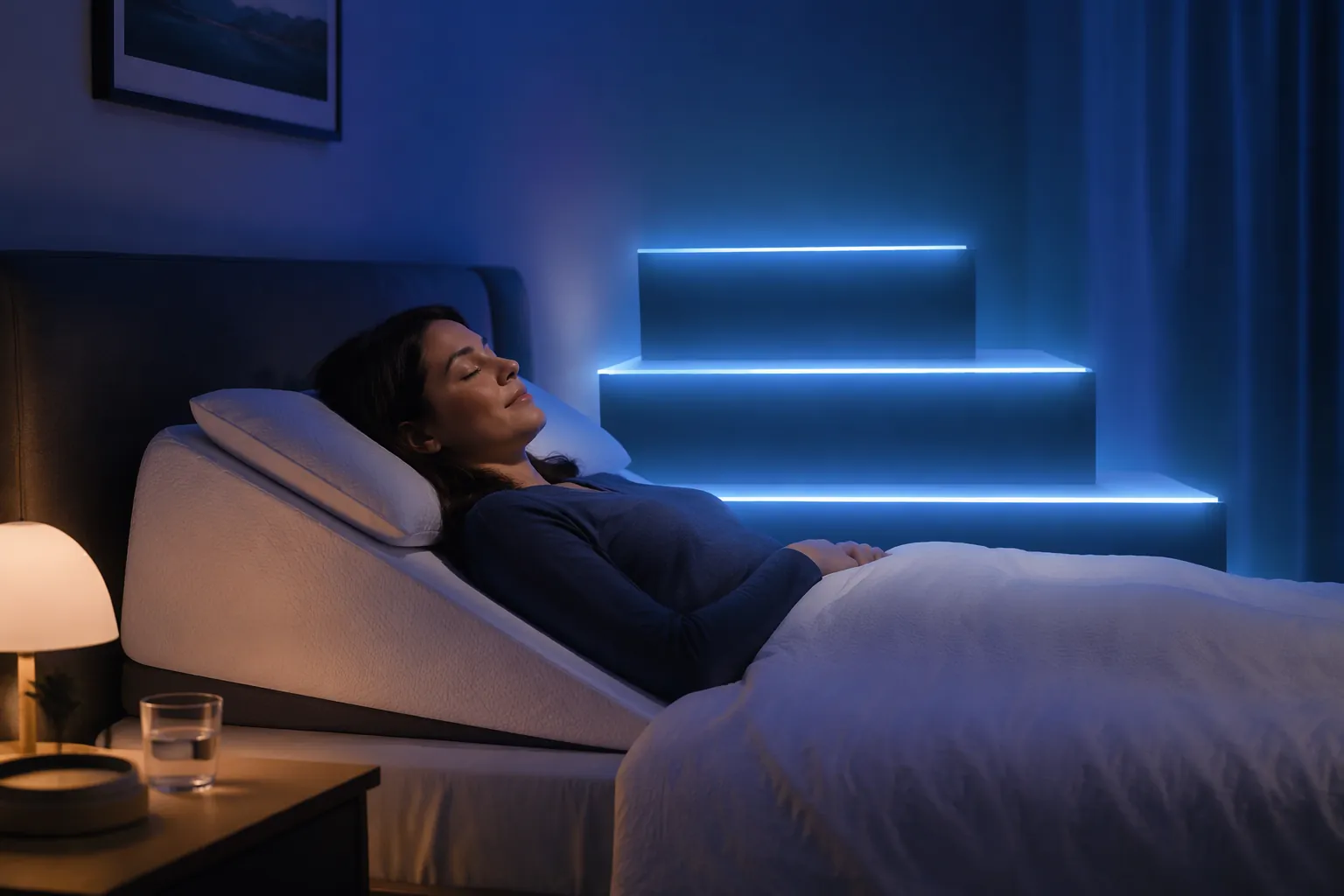 Person sleeping propped up on a wedge pillow in a calm nighttime bedroom with subtle tiered light in the background