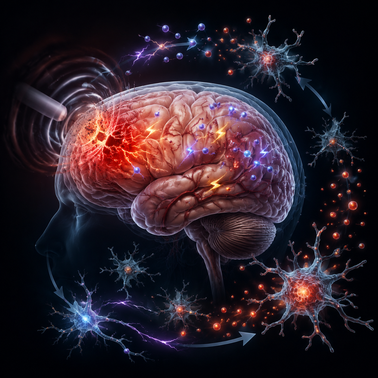Brain with lightning-like ionic disruption and inflammatory signaling after concussion