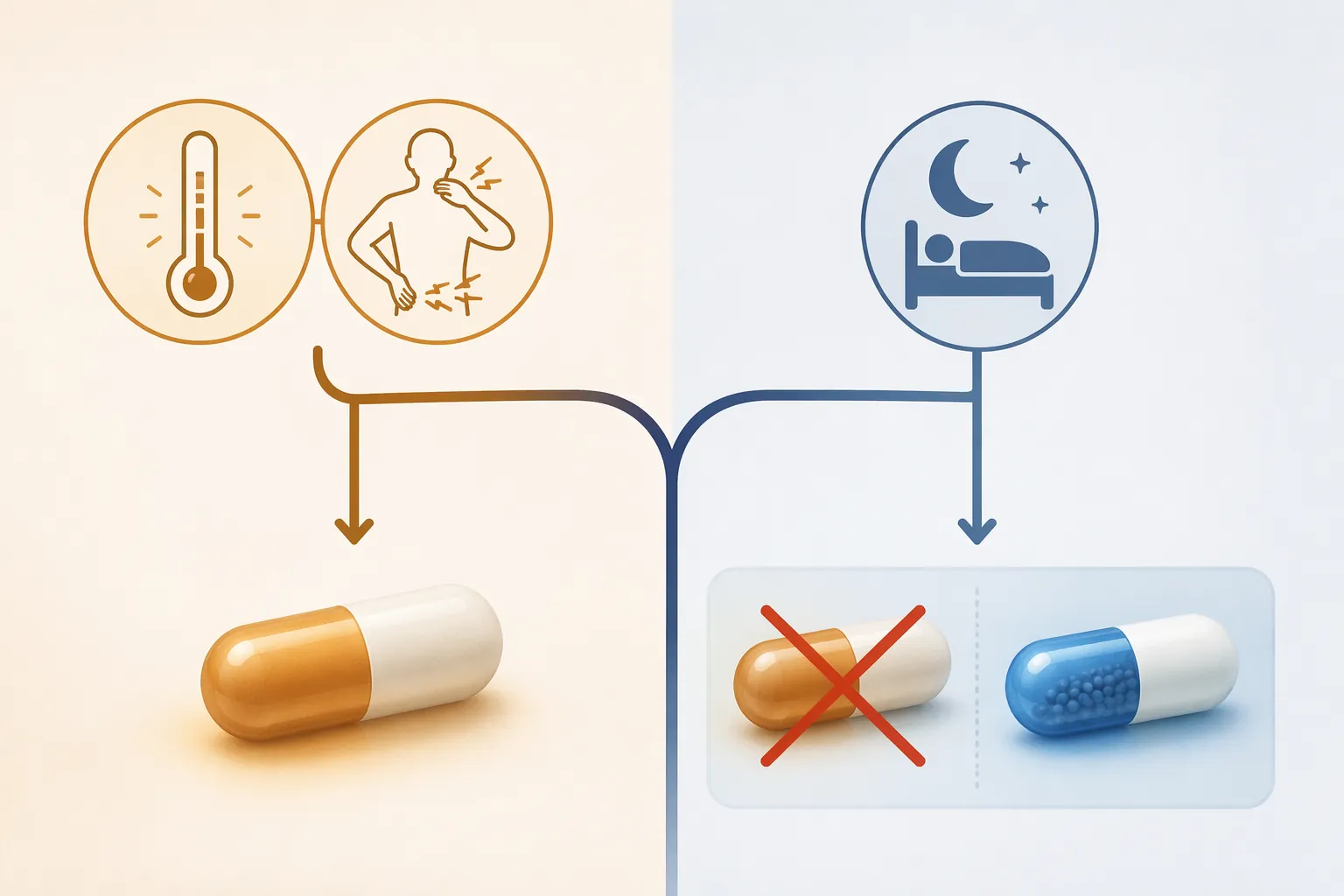 Decision path showing acetaminophen for pain or fever and diphenhydramine alone for sleep-only use