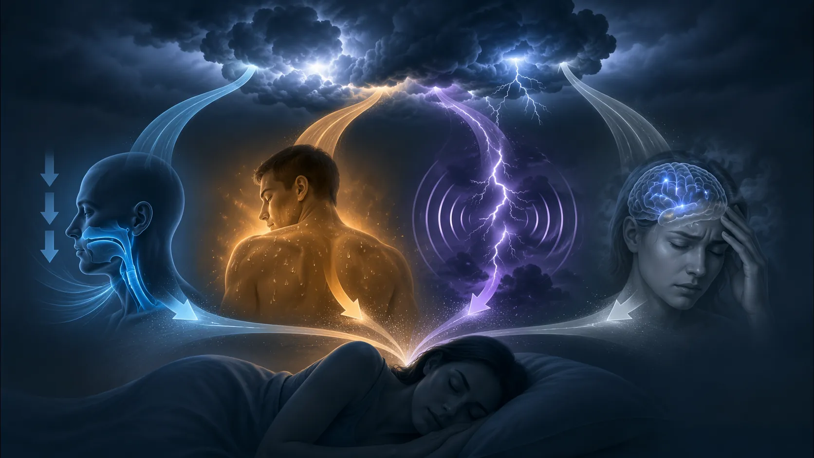 Illustration of four storm-related sleep disruption pathways affecting a sleeper