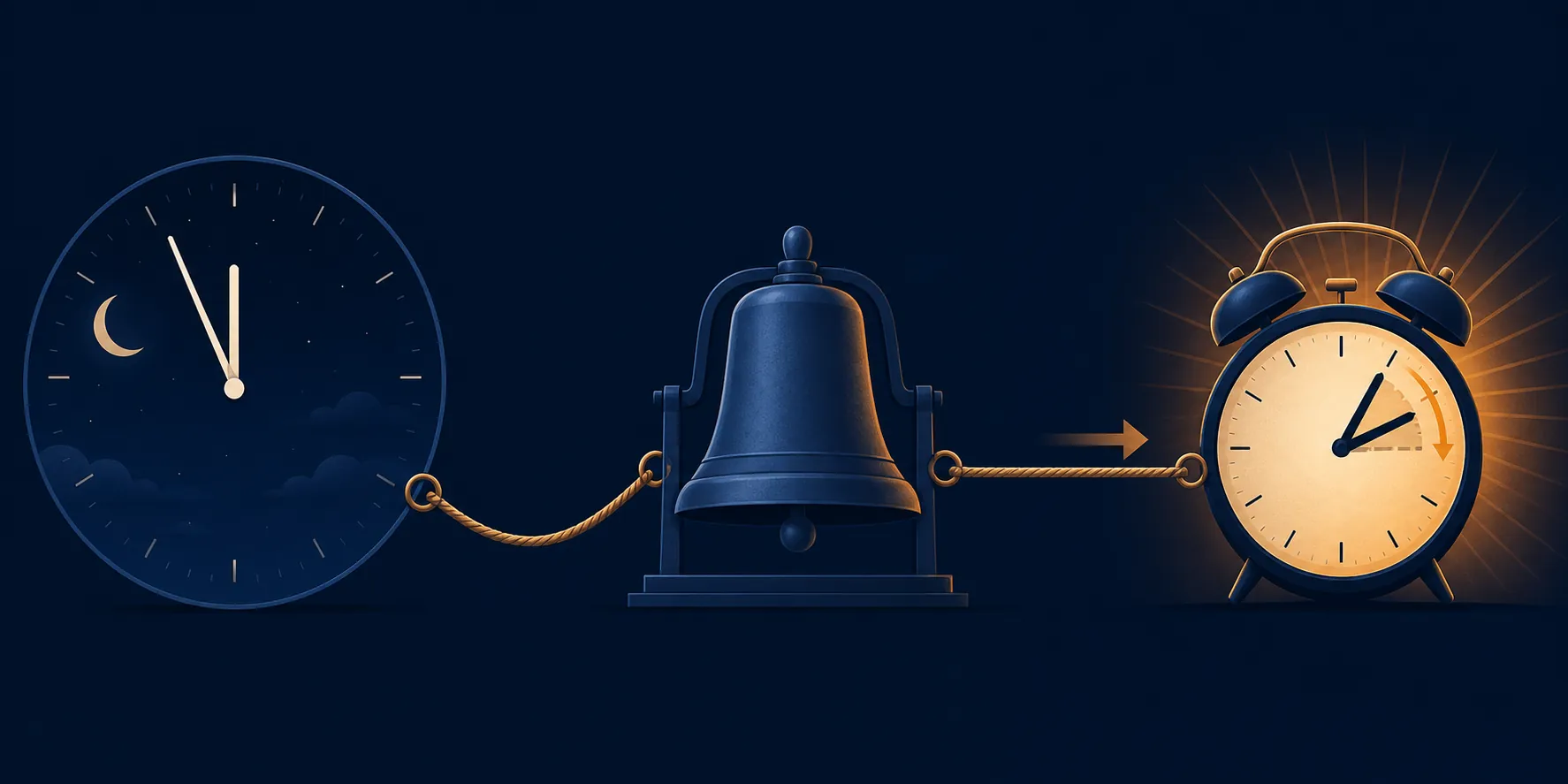 A biological clock, rigid school bell, and alarm clock jumping forward one hour are connected by a taut rope