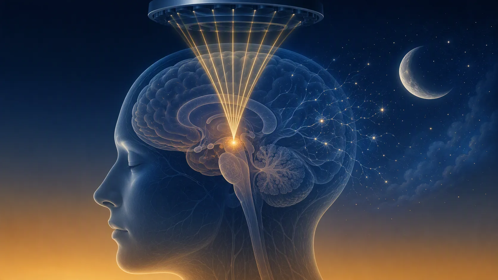 Focused ultrasound beams converging into deep brain regions with a moonlit neural background