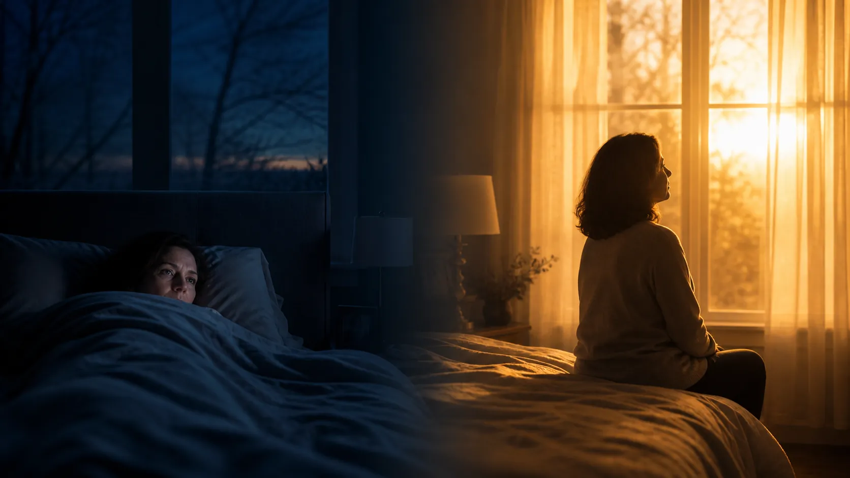 Split scene of a middle-aged woman awake in a dark winter morning bedroom and the same room filled with warm evening light