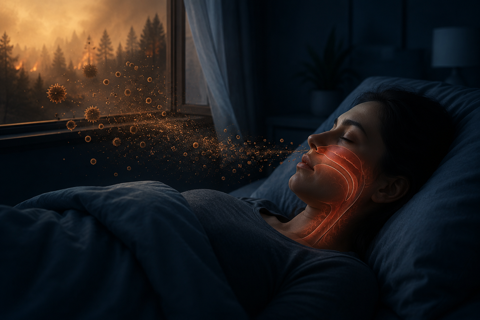Sleeping person in a dark bedroom as wildfire smoke particles drift toward the face and upper airway
