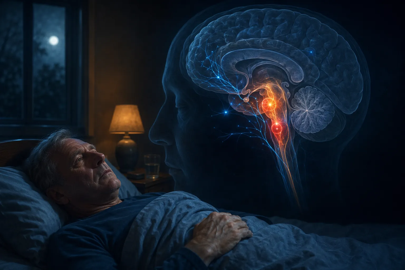 Person lying awake in bed with highlighted brainstem regions suggesting neurological disruption of sleep