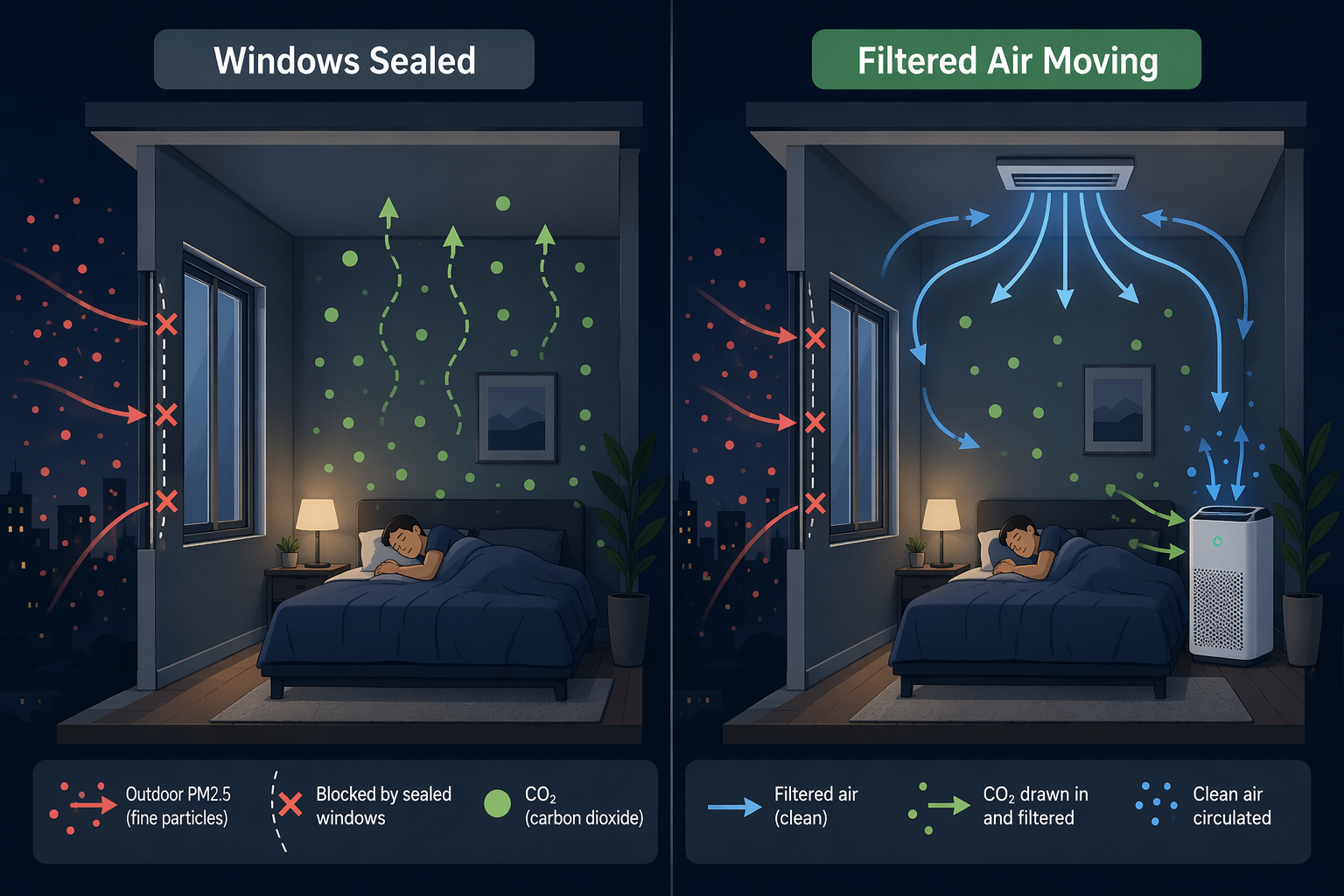 Bedroom cross-section showing closed windows blocking PM2.5 while CO2 accumulates, compared with filtered air moving through HVAC and a HEPA purifier