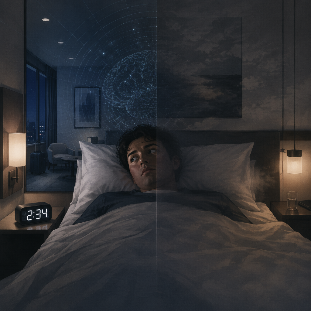A traveler awake in an unfamiliar hotel bed at night with one side of the scene softly lit and one side alert