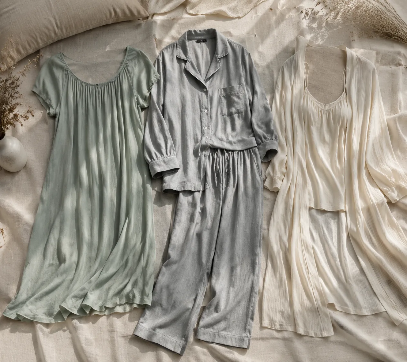 Loose midi nightgown, front-button pajama set, and camisole with robe on linen background